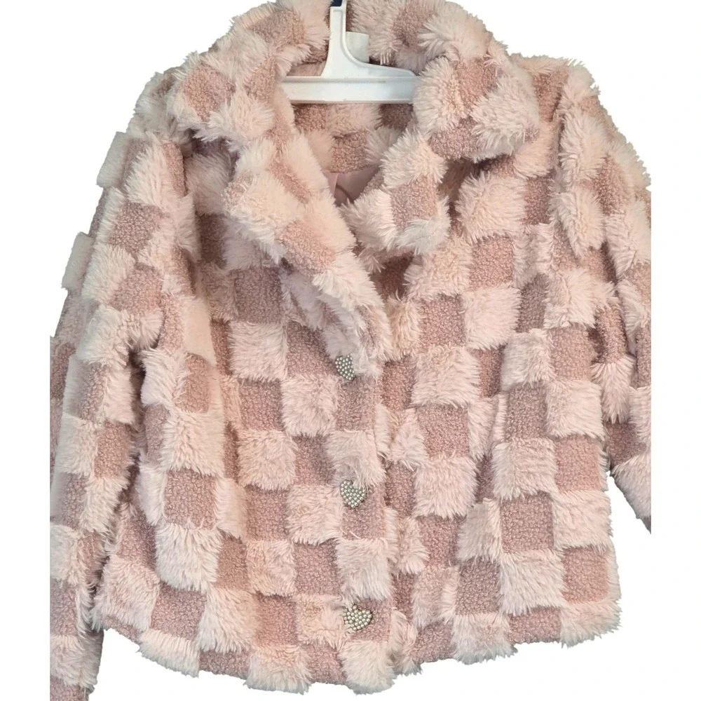 Self‎ Esteem Faux Fur Jacket Girls Medium Pink Checkered HeartButtons